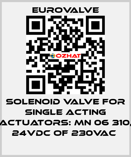 SOLENOID VALVE FOR SINGLE ACTING ACTUATORS: MN 06 310, 24VDC OF 230VAC  Eurovalve