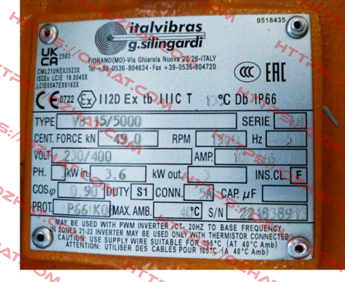 VB 15/5000, 230/400 V, 50 Hz, 1500 1/min Italvibras