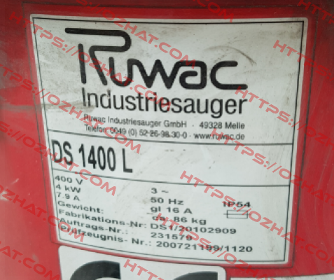 top cover for Ds 1400 L  Ruwac