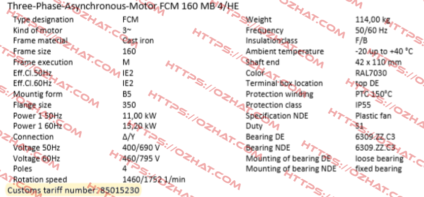 FCM 160 MB 4/HE  (IE2AC16MB400) ALTERNATIVES : PDM-4-B5-11-160M-G-Z1 or EDM-4-B5-11-160M-G-Z1 AC Motoren