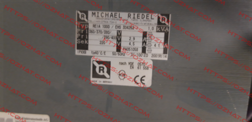 P/N: 0053/00000196 Type: REIA1000 1000VA IP00 Michael Riedel Transformatorenbau