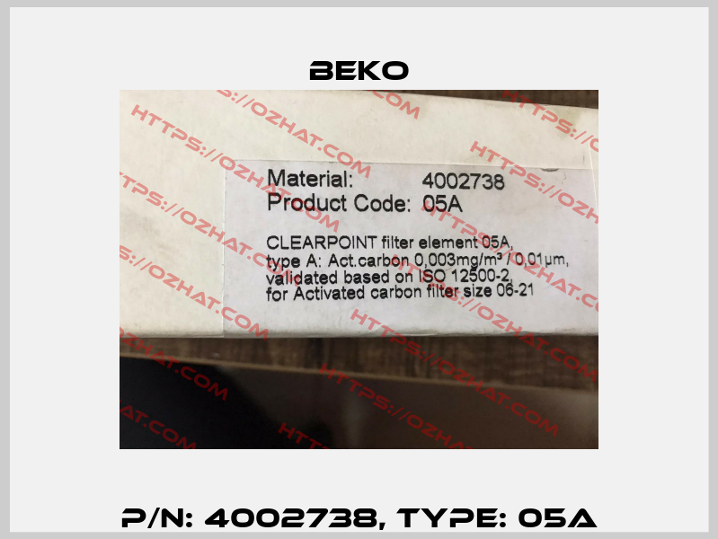 P/N: 4002738, Type: 05A Beko
