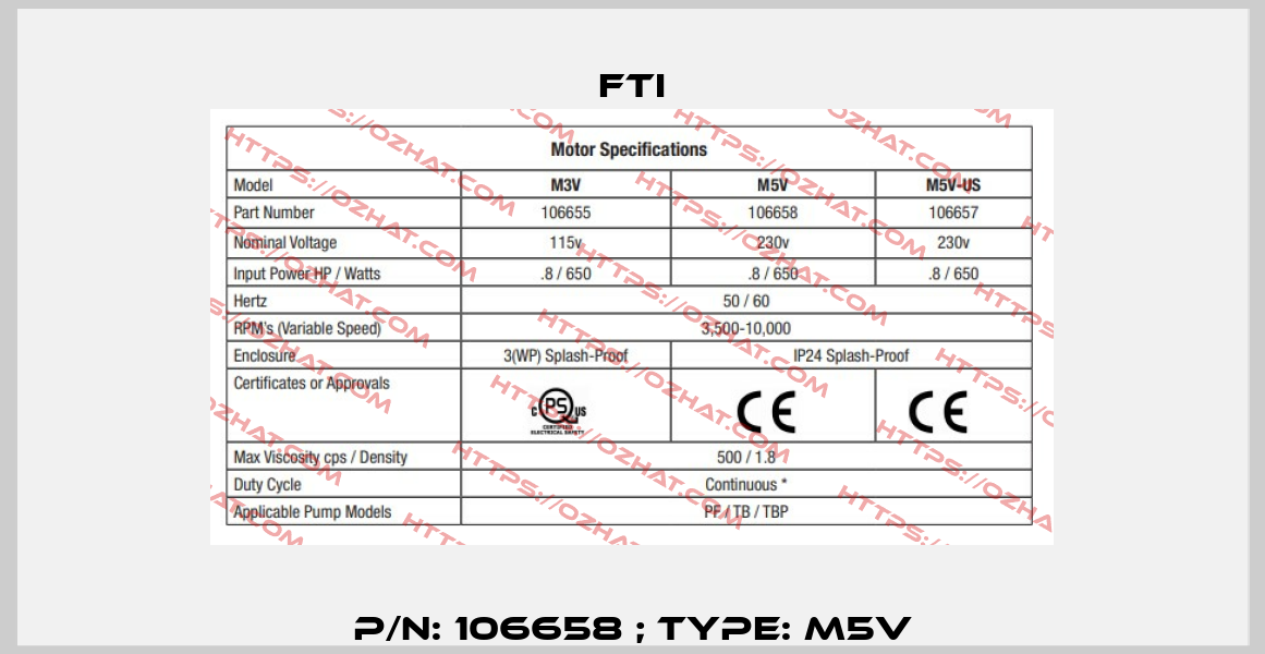 P/N: 106658 ; Type: M5V Fti