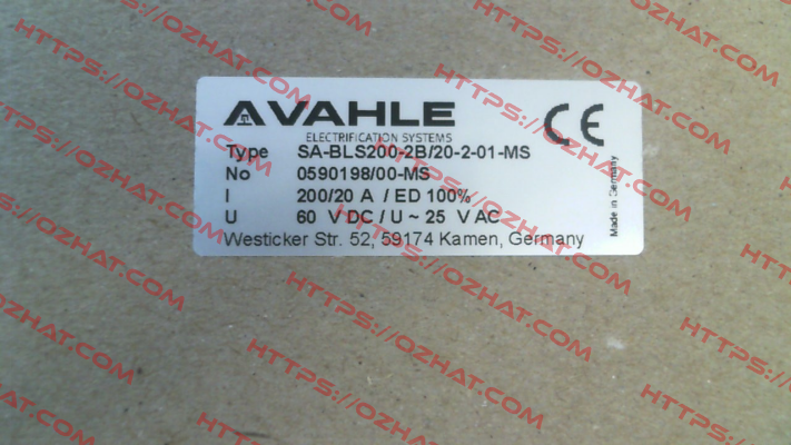 SA-BLS200-2B/20-2-01-MS (p/n 0590198/00-MS) Vahle