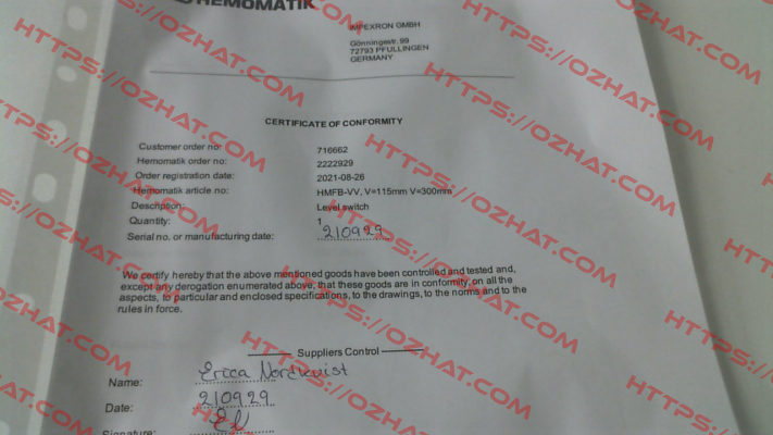 CERTIFICATE OF ORIGIN Hemomatik