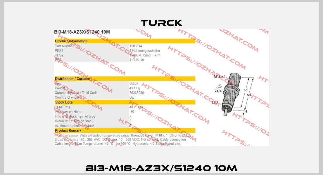 BI3-M18-AZ3X/S1240 10M Turck