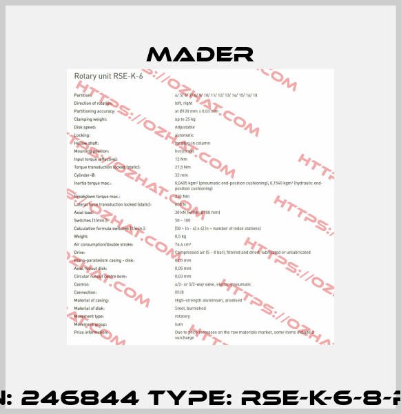 P/N: 246844 Type: RSE-K-6-8-R-P Mader